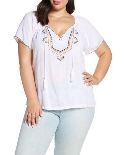 Lucky Brand Plus Size Embroidered Short Sleeve Peasant Top - White
