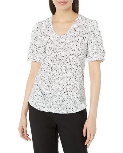 Adrianna Papell Printed Trapeze V-neck Top With Elbow Sleeves - White