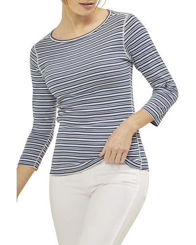 Three Dots Womens Essential Heritage 3/4 Sleeve British Striped Tee T Shirt - Blue