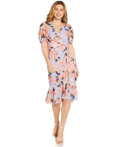 Adrianna Papell Printed Floral Chiffon Clip Dot Side Cascade Dress - Pink