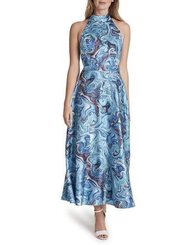 Tahari Sleeveless Mock Neck Print Tie Back Maxi Dress - Blue