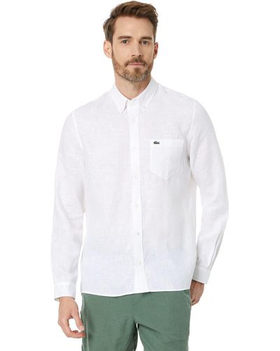 Lacoste Long Sleeve Regular Fit Linen Button-down With Front Pocket - White