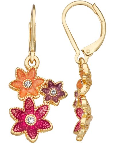 Napier Pink Floral Drop Leverback Earrings - Metallic