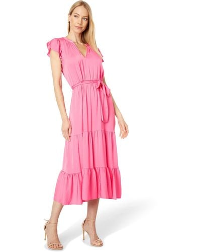 Tommy Hilfiger Flutter Sleeve Tier Tie Waist Dress - Pink