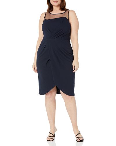 Adrianna Papell Stretch Crepe Draped Cocktail Dress With Illusion Neckline - Blue