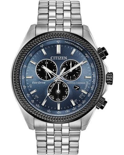 Citizen Eco-drive Classic Chronograph Silver Stainless Steel Watch With Perpetual Calendar,blue Dial - Metallic