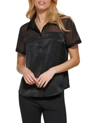 DKNY Satin Easy Sheer Sleeve Top - Black