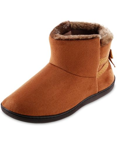 Isotoner Microsuede Mallory Bootie Slippers With Bow - Brown