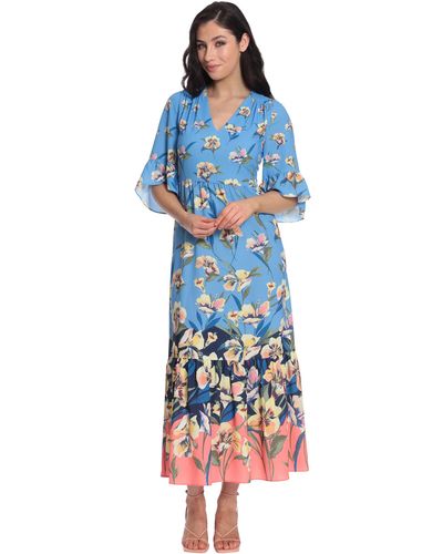 Maggy London London Times Floral Printed V-neck Tiered Maxi With Ruffle Elbow Sleeves And Border Hem - Blue