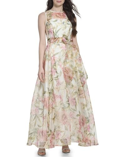 Eliza J Gown Style Floral Organza Sleeveless Jewel Neck Dress - White