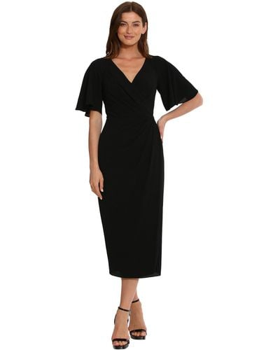Maggy London S Short Flutter Sleeve Faux Wrap Midi Formal Dress - Black