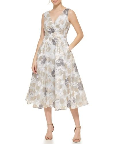 Eliza J Midi Style Floral Organza Sleeveless V-neck Dress - Natural
