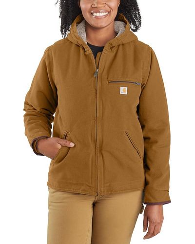 Carhartt Plus Size Loose Fit Washed Duck Sherpa Lined Jacket - Brown