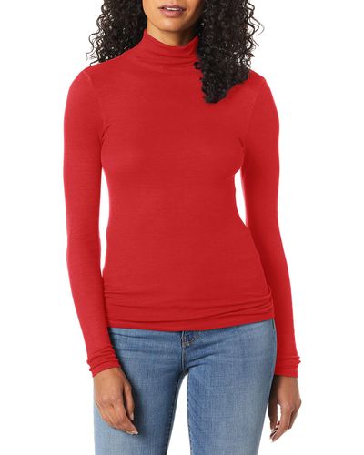 Enza Costa Womens Rib Fitted Long Sleeve Turtleneck Top T Shirt - Red