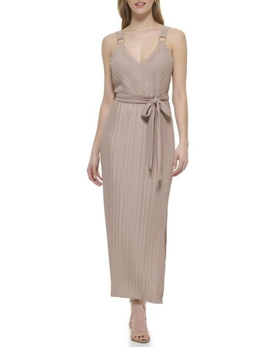 Guess Crystal Pleated Maxi Waist Tie Dress - Natural