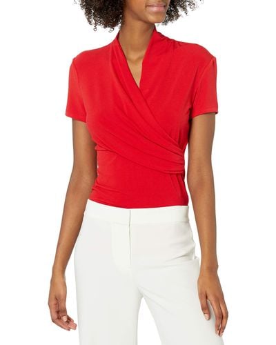 DKNY Short Sleeve Side Ruche Top - Red