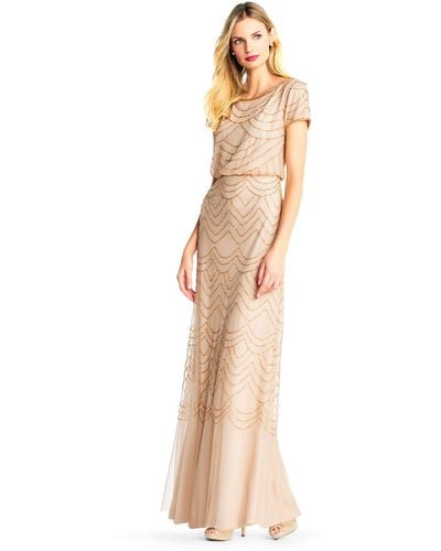 Adrianna Papell Short Sleeve Blouson Beaded Gown - Natural