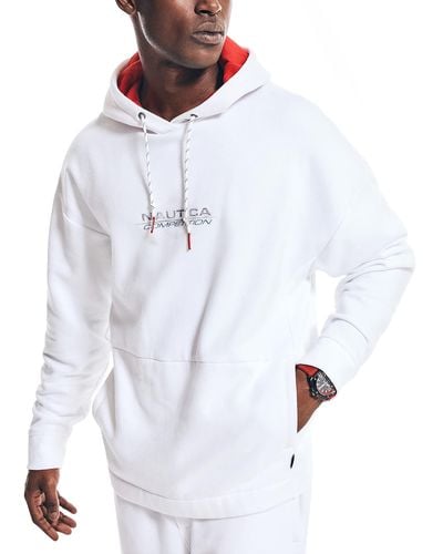Nautica Mens Competition Sustainably Crafted Logo Pullover Hoodie Sweatshirt - White