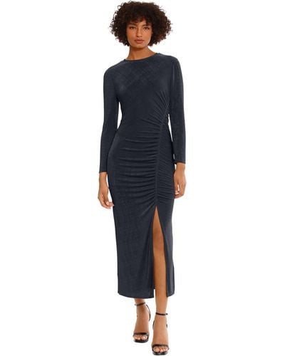Donna Morgan Ruched Princess Seam Dress With Slit Detail Event Party Occasion Guest Of - Blue