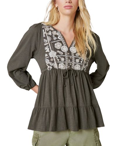 Lucky Brand Embroidered Tiered Tunic Top - Green