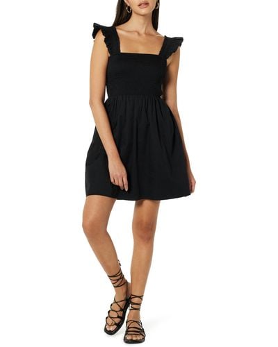 The Drop Kari Ruffled-shoulder Smocked Mini Dress Black