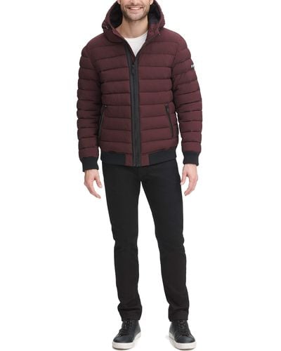 DKNY Quilted Performance Hooded Bomber Jacket - Red