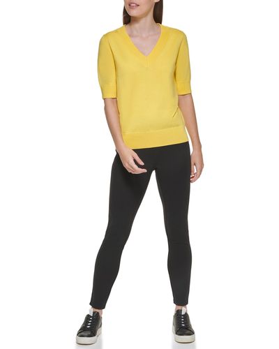 DKNY V-neck Elbow Sleeve Lightweight Sweater - Yellow