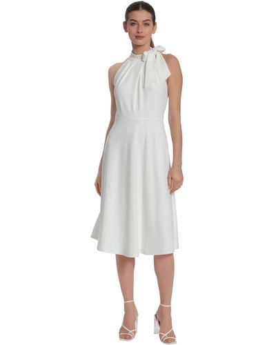 Maggy London A-line Dress With Pleat Tuck And Bow Details At Halter Neck - White
