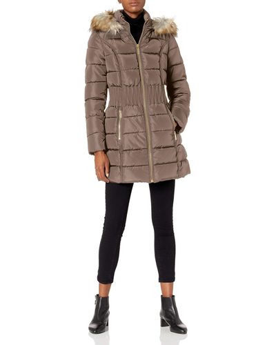 Laundry by Shelli Segal 3/4 Puffer Jacket With Zig Zag Cinched Waist And Faux Fur Trim Hood - Multicolor