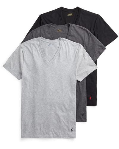 Polo Ralph Lauren Slim Fit Undershirt W/wicking 3-pack V-necks Andover Heather/madison Heather/black Sm - Gray