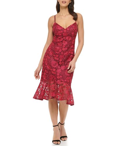 Guess Lace Midi With Flounce Hem Dress - Red