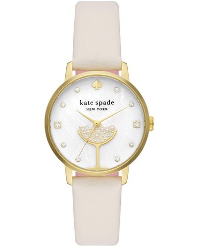 Kate Spade Metro Three-hand Champagne Gold-tone Stainless Steel And White Leather Band Watch - Metallic