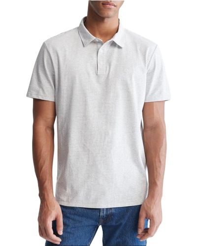 Calvin Klein Smooth Cotton Monogram Logo Feeder Stripe Polo Shirt - White