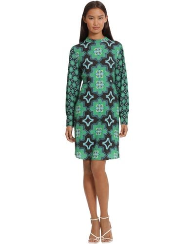 Donna Morgan Long Sleeve Mock Neck Printed Fit And Flare Dress - Green