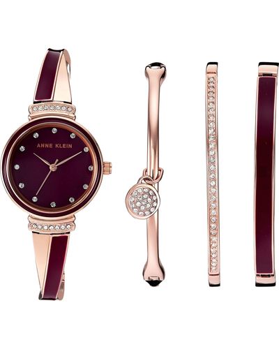 Anne Klein Ak/2716rbst Premium Crystal Accented Rose Gold-tone And Burgundy Watch And Bangle Set - Metallic