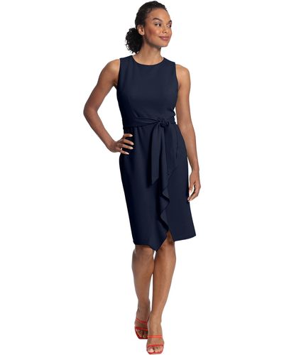 Donna Morgan Sleeveless Dress With Waist Tie And Faux Wrap Waterfall Ruffle Skirt - Blue