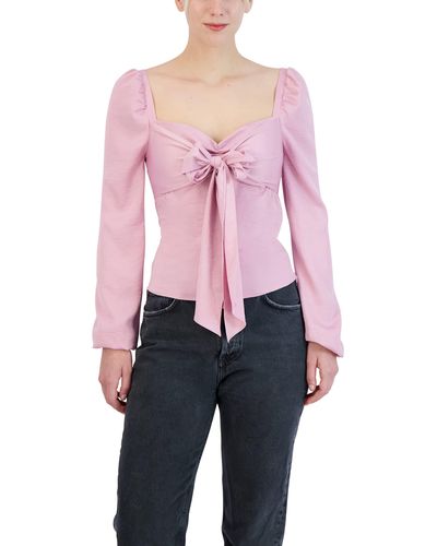 BCBGeneration Fitted Long Sleeve Top Shirred Tie Front Sweetheart Neck Blouse - Pink