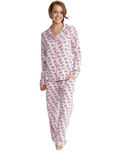 Vera Bradley Cotton Pajama Set With Long Sleeve Button-up Shirt And Pants - Pink