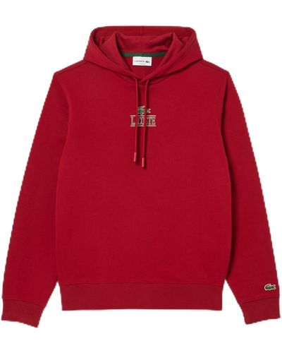 Lacoste Classic Fit Long Sleeve Hooded Sweatshirt W/small Croc Graphic On The Chest & Adjustable Neck - Red