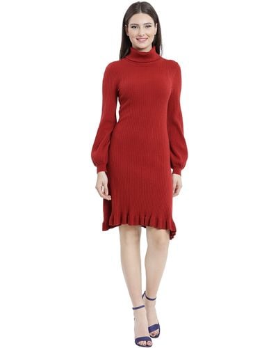 Maggy London Long Slv Roll Collar Midi Sweater Dress - Red