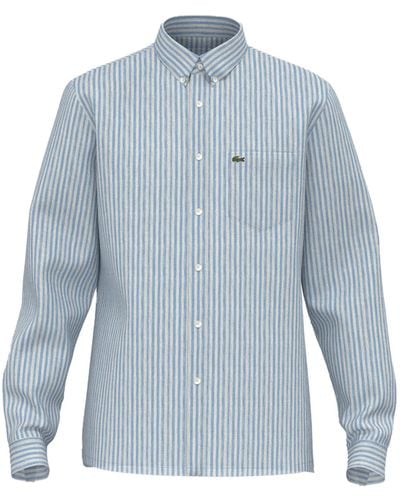Lacoste Long Sleeve Regular Fit Linen Casual Button Down Shirt W/front Pocket - Blue