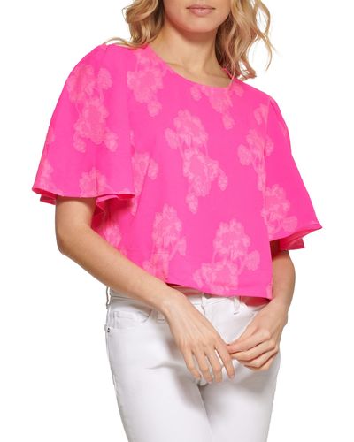 DKNY Flutter Sleeves Top Print Crew Neck Shirt - Pink