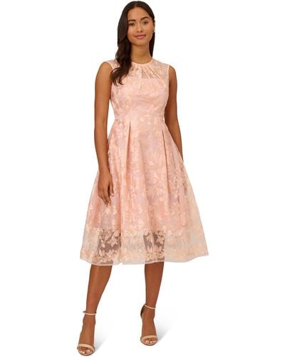 Adrianna Papell Embroidered Midi Fit And Flare Dress - Pink