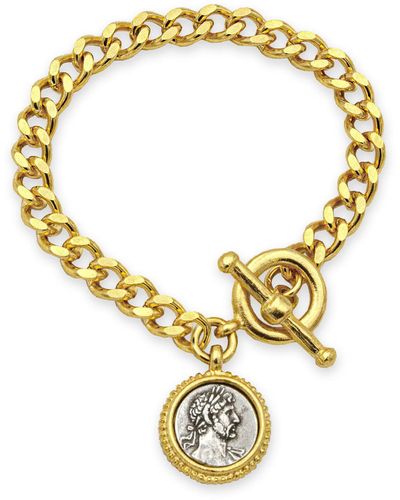 Ben-Amun 24k Gold Plated Roman Italian Coin Charm Bracelet In Antique Silver Tone Made In New York Statement Jewelry For Designer - Metallic