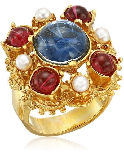 Ben-Amun Tudor Sapphire Ruby Glass Stone Glass Pearl Ring - Metallic