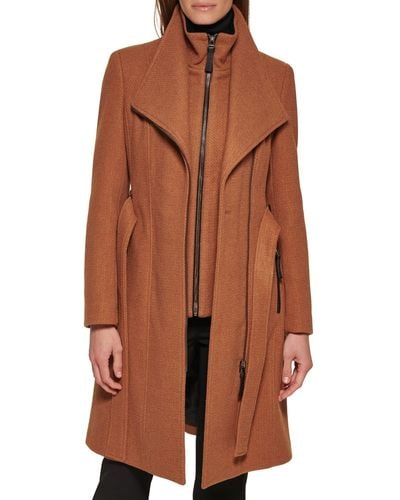 Calvin Klein Faux Leather Trim Belted Wrap Coat - Brown