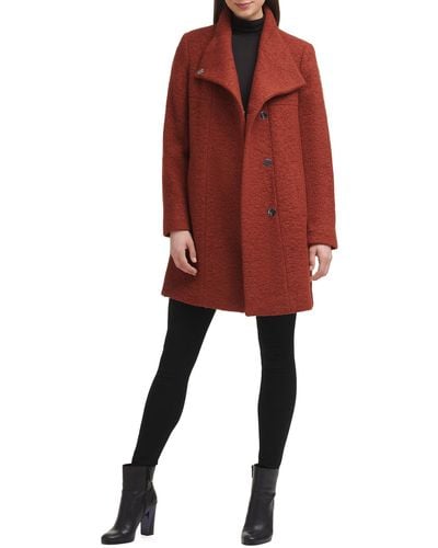 Kenneth Cole Asymmetrical Pressed Boucle Wool Swing Back Coat - Red