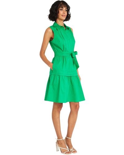 Maggy London Sleeveless Collared Button Front Summer Dress For With Waist Tie And Pleat Details - Green