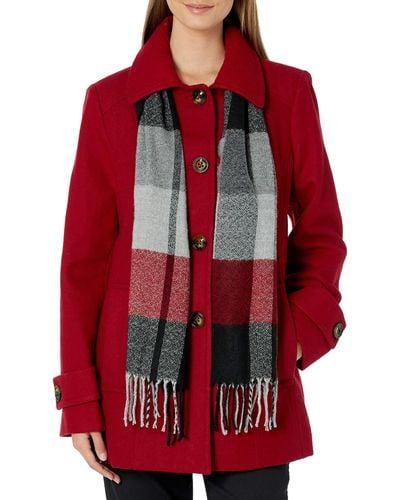 London Fog Womens Single-breasted Wool Blend With Scarf Pea Coat - Red