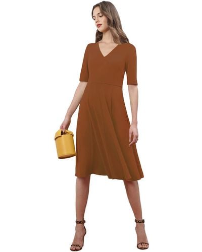 Donna Morgan Stretch Crepe V-neck Fit And Flare Dress - Brown